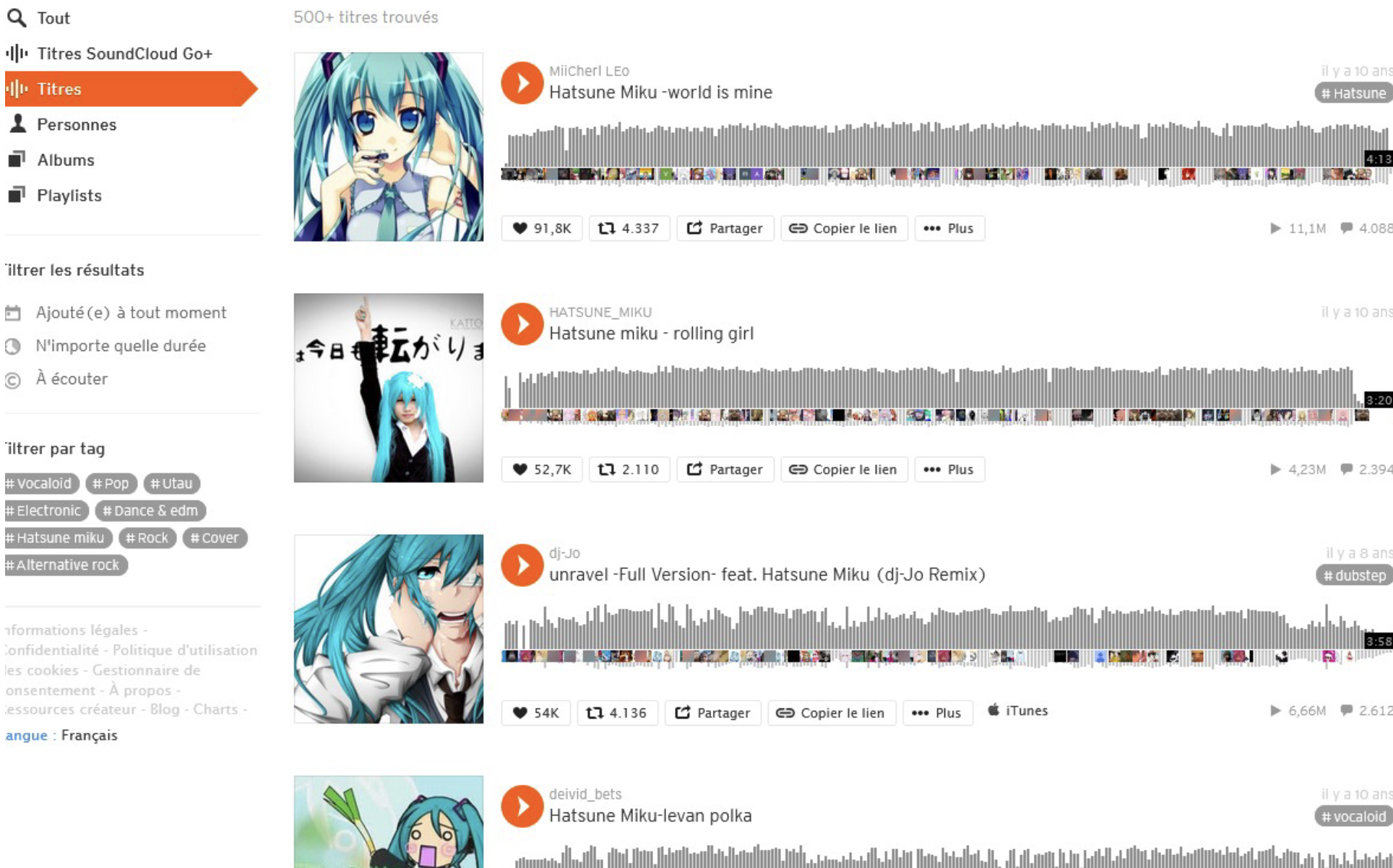 Capture d’écran de la recherche «Hatsune Miku» sur Soundcloud. La mention «500+ titres trouvés» apparaît.